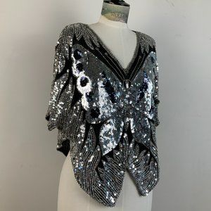 Vintage 70's Silver Sequin & Silk Butterfly Top